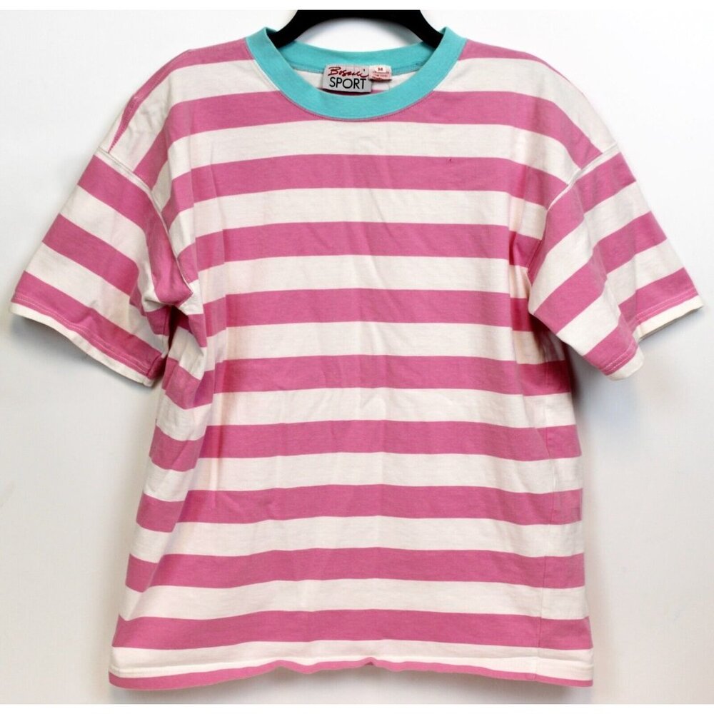 VTG 80s Boscali Pink Stripe TShirt Womens Medium Teal Crewneck Classic Preppy